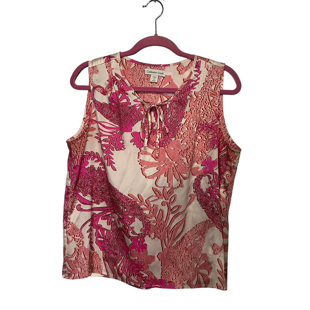 Coldwater Creek Floral Tank Top Women's Size M Pink White Sleeveless Tie Neck